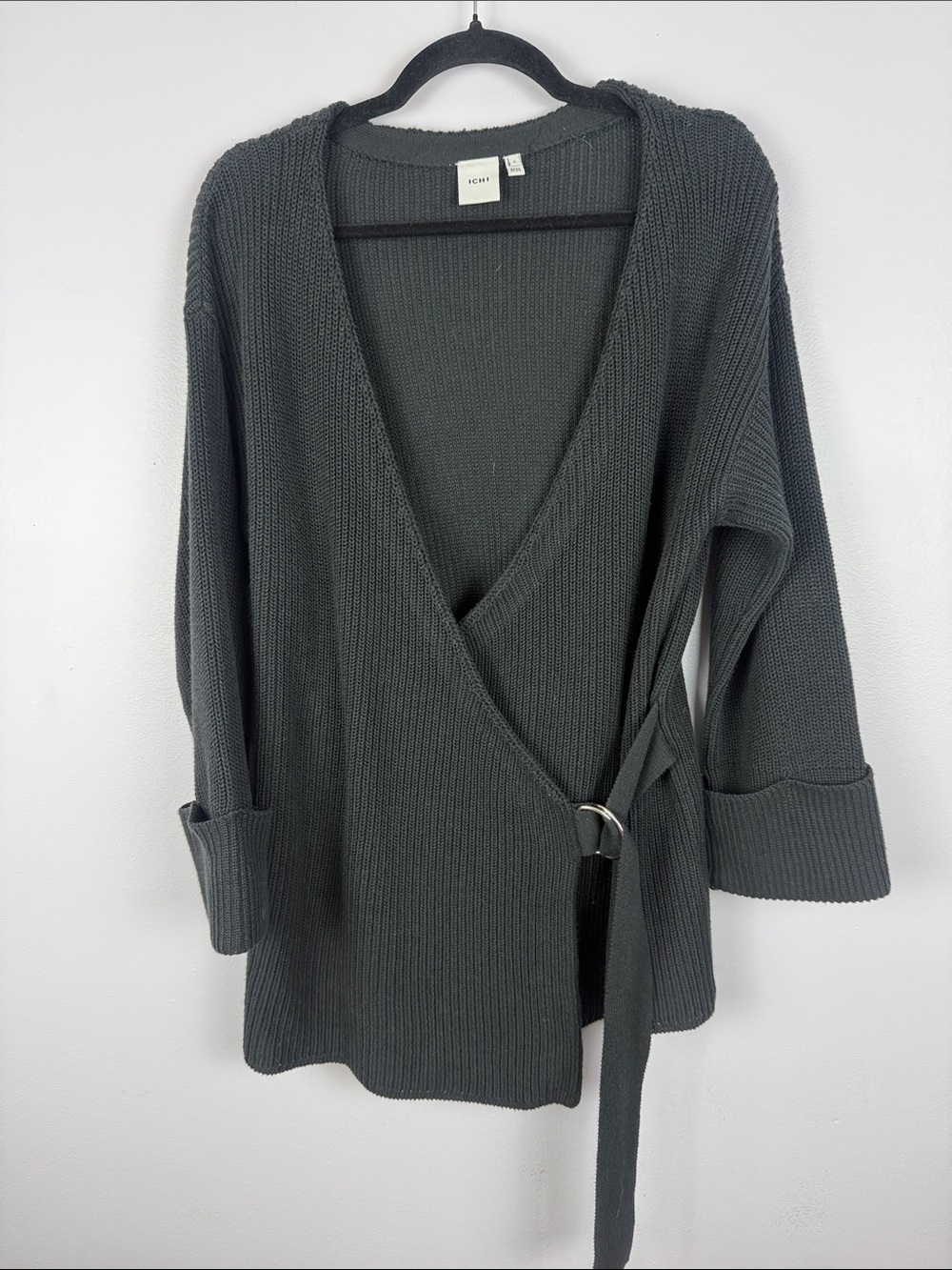 ICHI Ihbasil Cotton Blend Charcoal Grey Knit Wrap Cardigan Sweater Size L - Picture 2 of 12